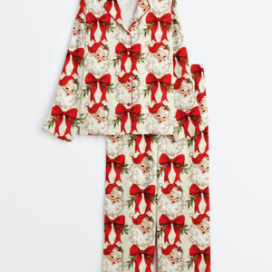 Women's Ecru Vintage Christmas Santa Long Sleeve Satin Pajama Set