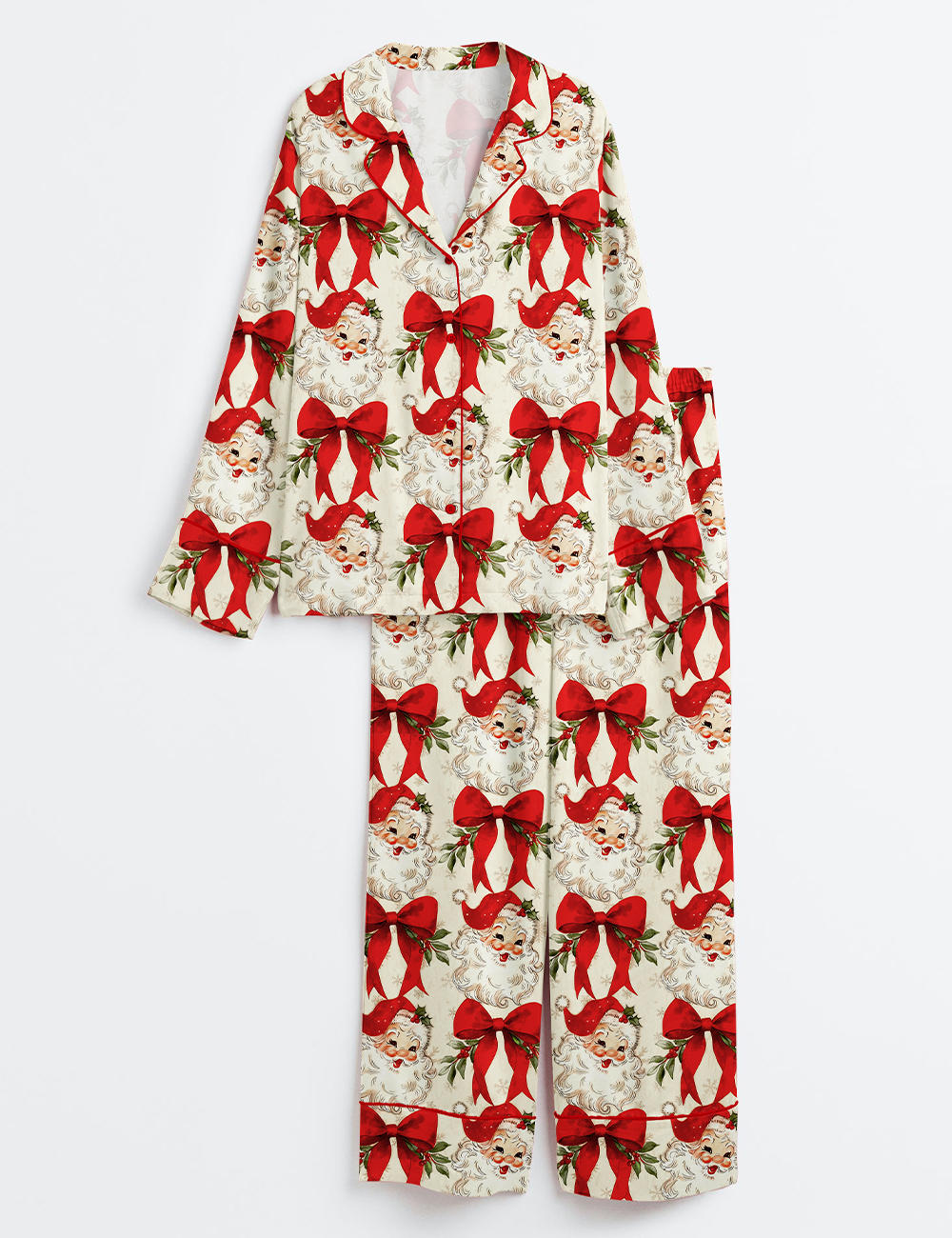 Womenâ€™s Ecru Vintage Christmas Santa Long Sleeve Satin Pajama Set