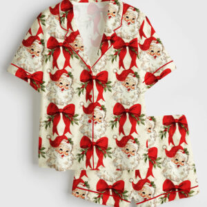 Womenâ€™s Ecru Vintage Christmas Santa Short Sleeve Satin Pajama Set