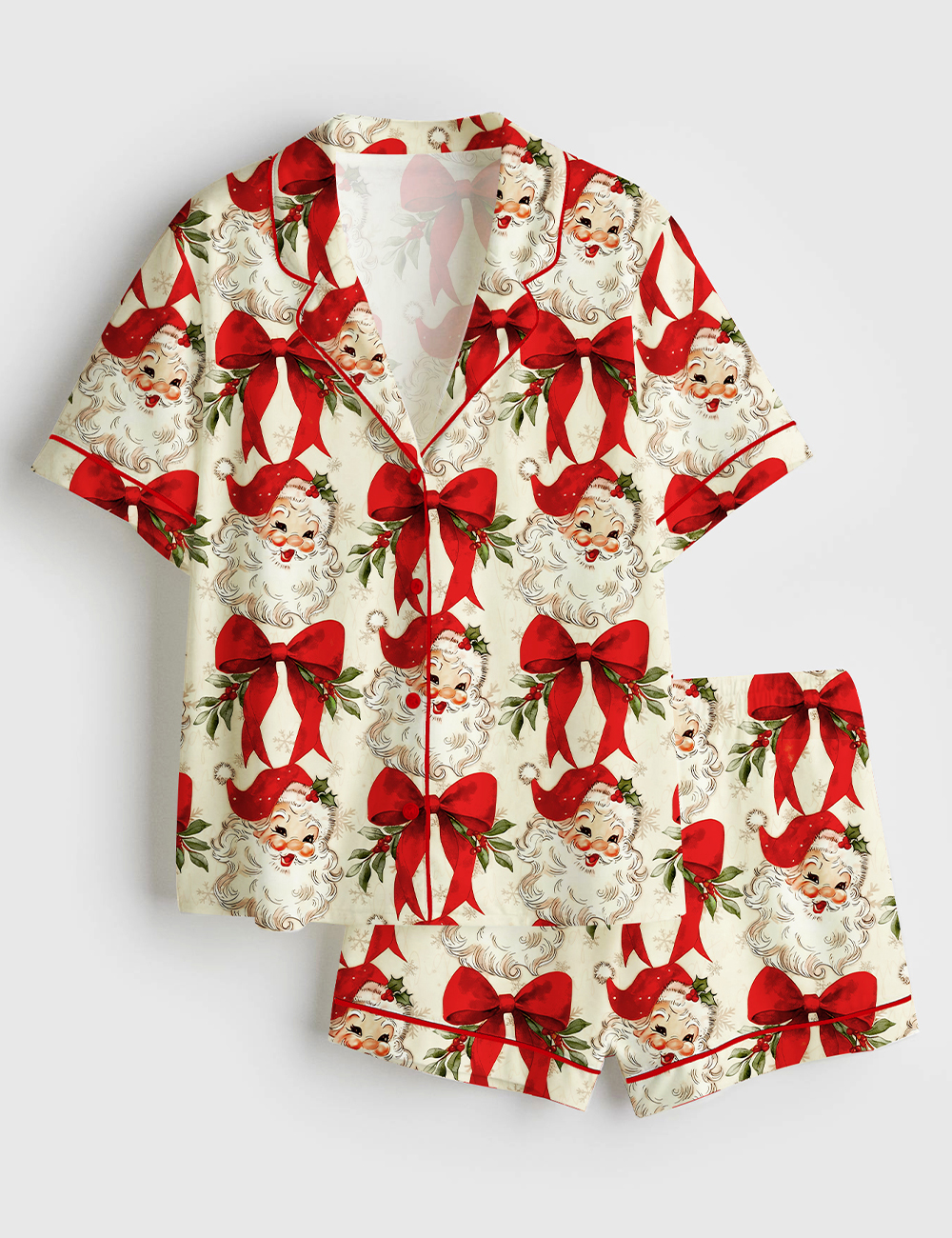 Womenâ€™s Ecru Vintage Christmas Santa Short Sleeve Satin Pajama Set