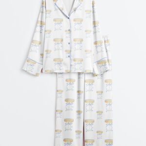 Womenâ€™s Elegant Blue Bow And Champagne Long Sleeve Satin Pajama Set