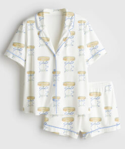 Women's Elegant Blue Bow And Champagne Short Sleeve Satin Pajama Set