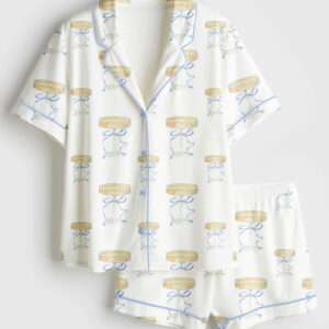 Womenâ€™s Elegant Blue Bow And Champagne Short Sleeve Satin Pajama Set