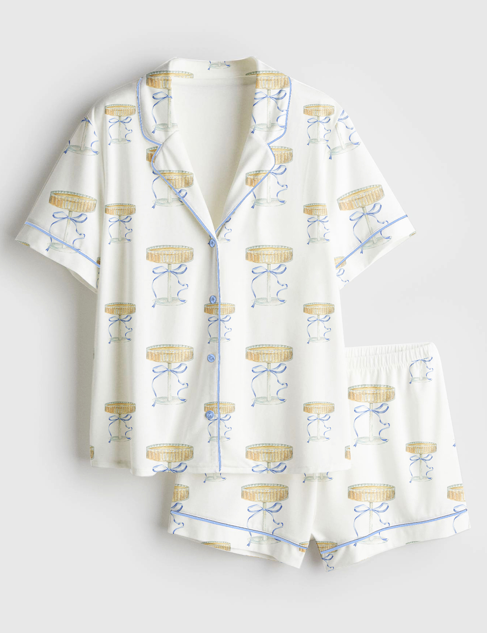 Womenâ€™s Elegant Blue Bow And Champagne Short Sleeve Satin Pajama Set