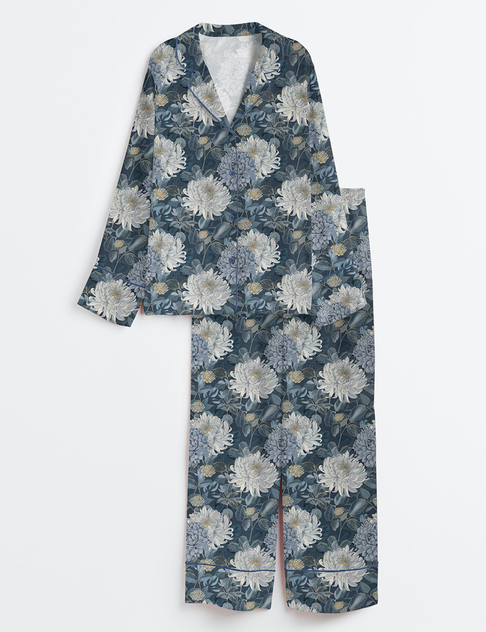 Women's Elegant Blue Floral Large Chrysanthemums Print Long Sleeve Satin Pajamas Set