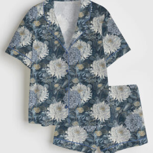 Women's Elegant Blue Floral Large Chrysanthemums Print Short Sleeve Satin Pajama Set
