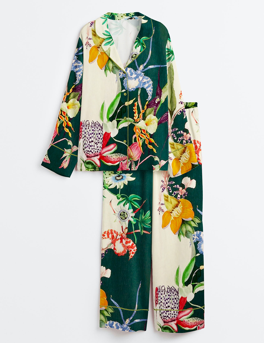 Womenâ€™s Elegant Bouquet Flowers Plant Long Sleeve Satin Pajama Set