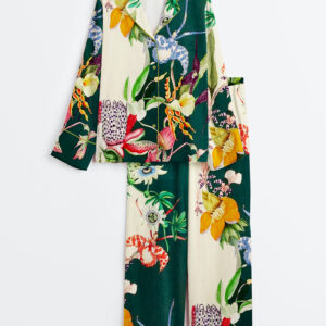 Women's Elegant Bouquet Flowers Plant Long Sleeve Satin Pajamas Set