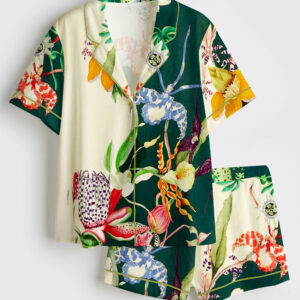 Women's Elegant Bouquet Flowers Plant Short Sleeve Satin Pajama Set