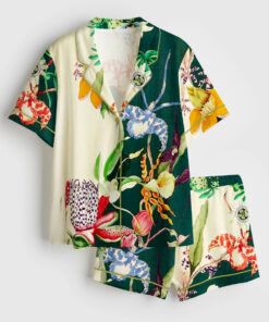 Women's Elegant Bouquet Flowers Plant Short Sleeve Satin Pajama Set