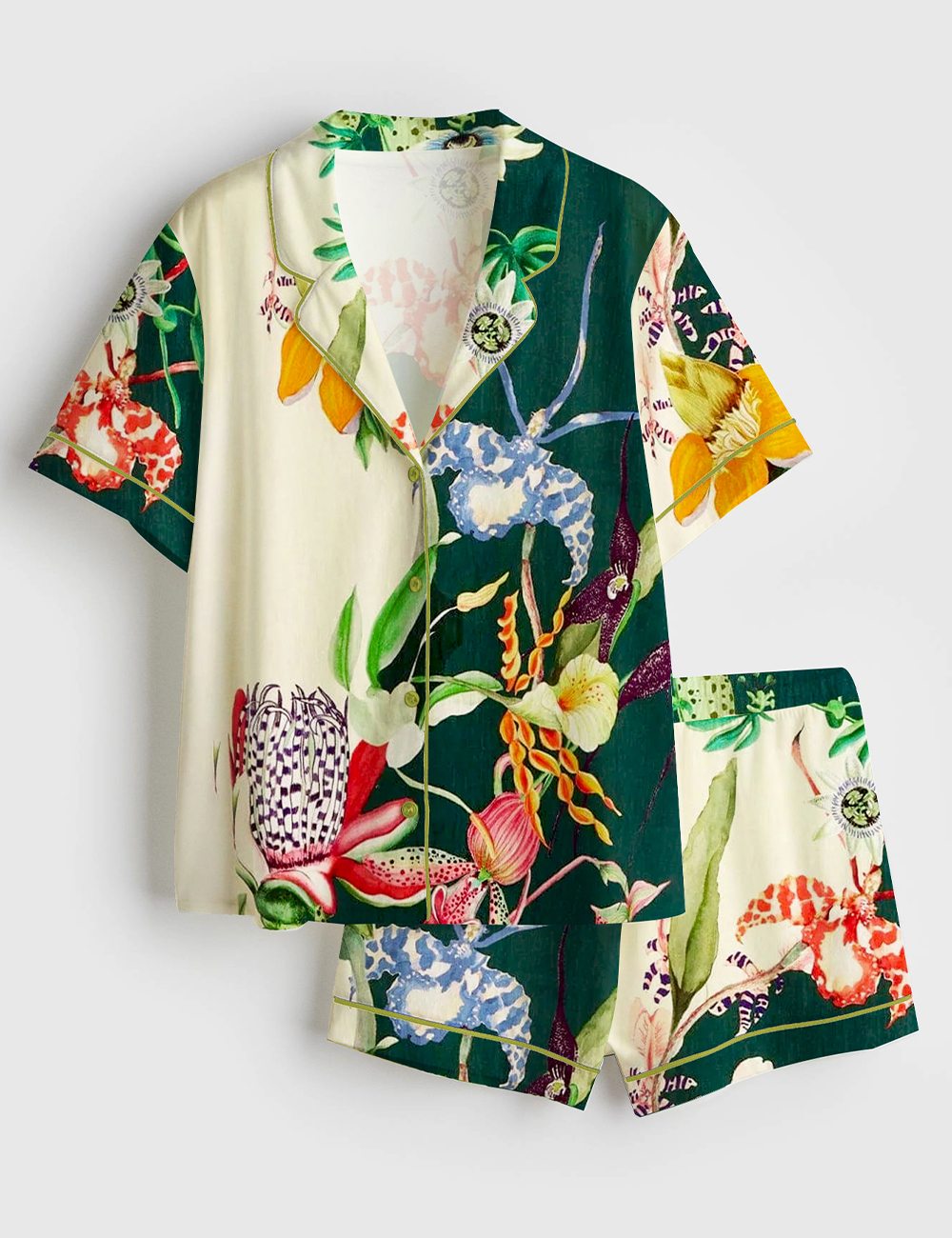 Womenâ€™s Elegant Bouquet Flowers Plant Short Sleeve Satin Pajama Set