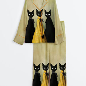 Womenâ€™s Elegant Cat Long Sleeve Satin Pajama Set