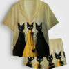 Womenâ€™s Elegant Cat Short Sleeve Satin Pajama Set