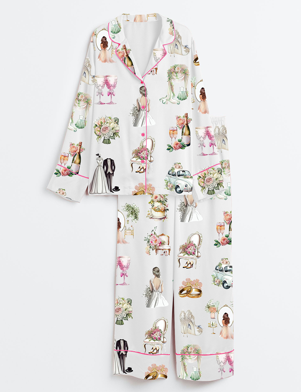 Womenâ€™s Elegant Wedding Bridal Floral Print Long Sleeve Satin Pajama Set