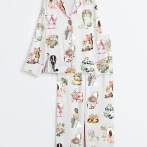 Women's Elegant Wedding Bridal Floral Print Long Sleeve Satin Pajamas Set