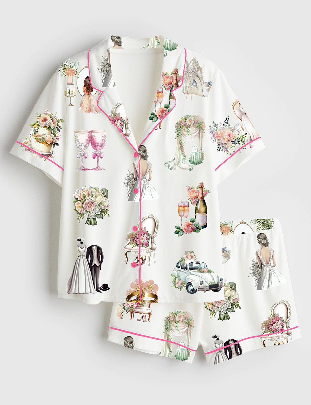 Womenâ€™s Elegant Wedding Bridal Floral Print Short Sleeve Satin Pajama Set