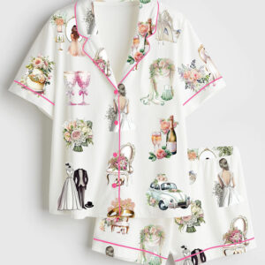 Women's Elegant Wedding Bridal Floral Print Short Sleeve Satin Pajama Set