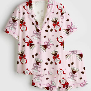 Women's Espresso Martini Bow Pink Party Short Sleeve Satin Pajama Set