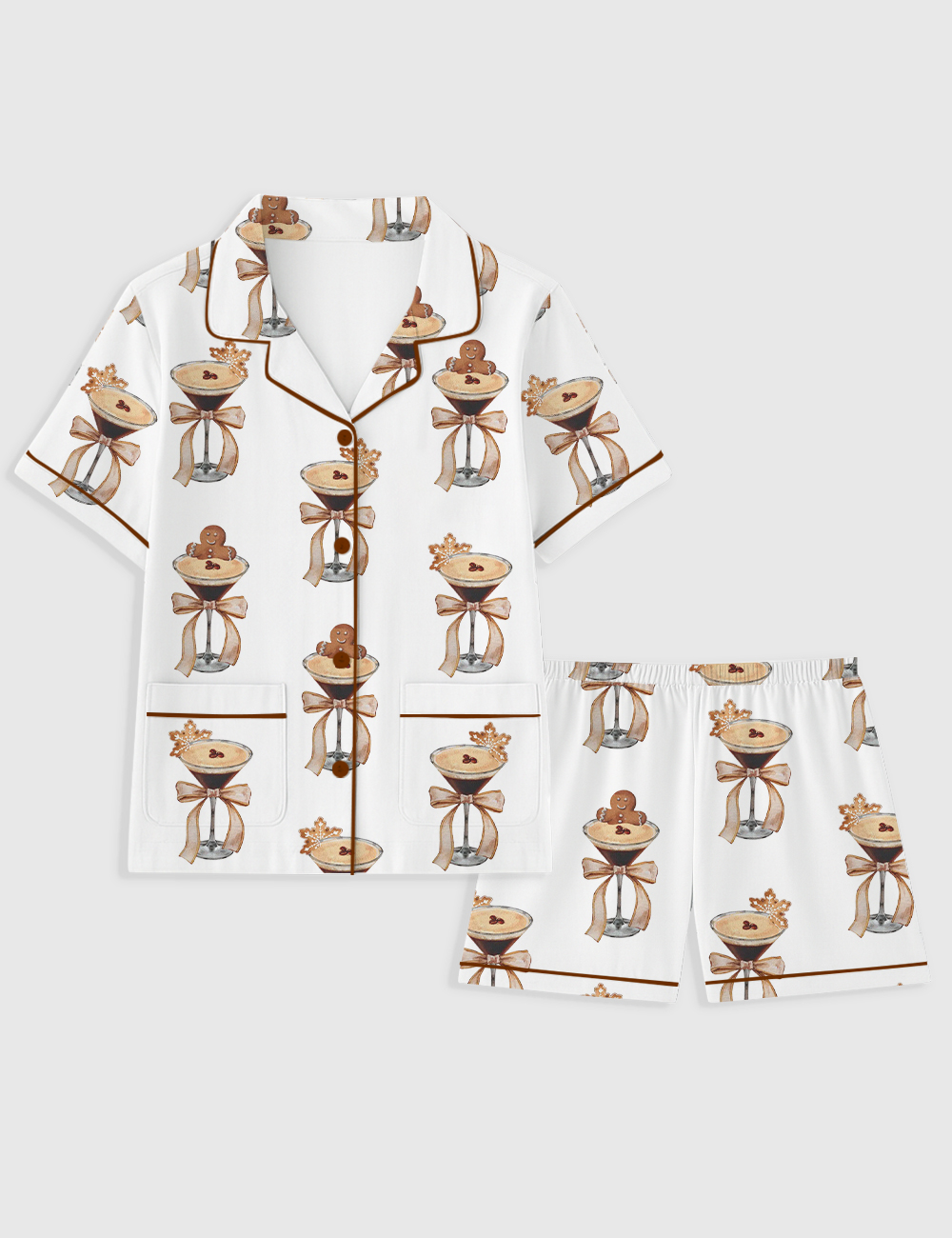 Women's Espresso Martini Cocktail Christmas Wine Short Sleeve Pocket Cotton Pajama Set