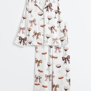 Women's Espresso Martini Cocktail Coquette Tini Time Coffee Lover Long Sleeve Satin Pajama Set