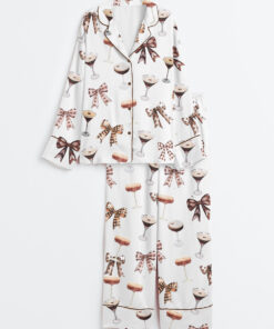 Women's Espresso Martini Cocktail Coquette Tini Time Coffee Lover Long Sleeve Satin Pajama Set