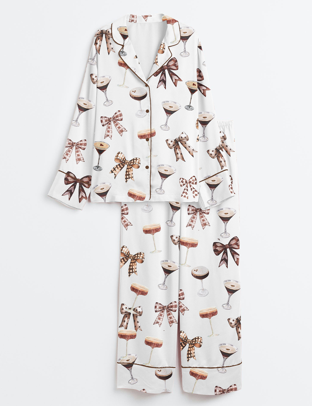 Womenâ€™s Espresso Martini Cocktail Coquette Tini Time Coffee Lover Long Sleeve Satin Pajama Set