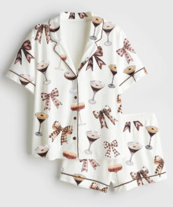 Women's Espresso Martini Cocktail Coquette Tini Time Coffee Lover Short Sleeve Satin Pajama Set