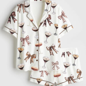 Womenâ€™s Espresso Martini Cocktail Coquette Tini Time Coffee Lover Short Sleeve Satin Pajama Set