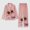 Women's Espresso Martini Cocktail Pink Bows And Coffee Beans Whimsical Paris Long Sleeve Pocket Cotton Pajama Set