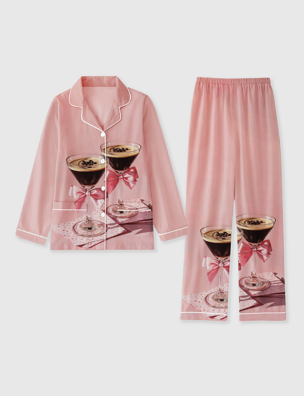 Women's Espresso Martini Cocktail Pink Bows And Coffee Beans Whimsical Paris Long Sleeve Pocket Cotton Pajama Set