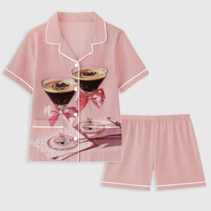 Women's Espresso Martini Cocktail Pink Bows And Coffee Beans Whimsical Paris Short Sleeve Pocket Cotton Pajama Set