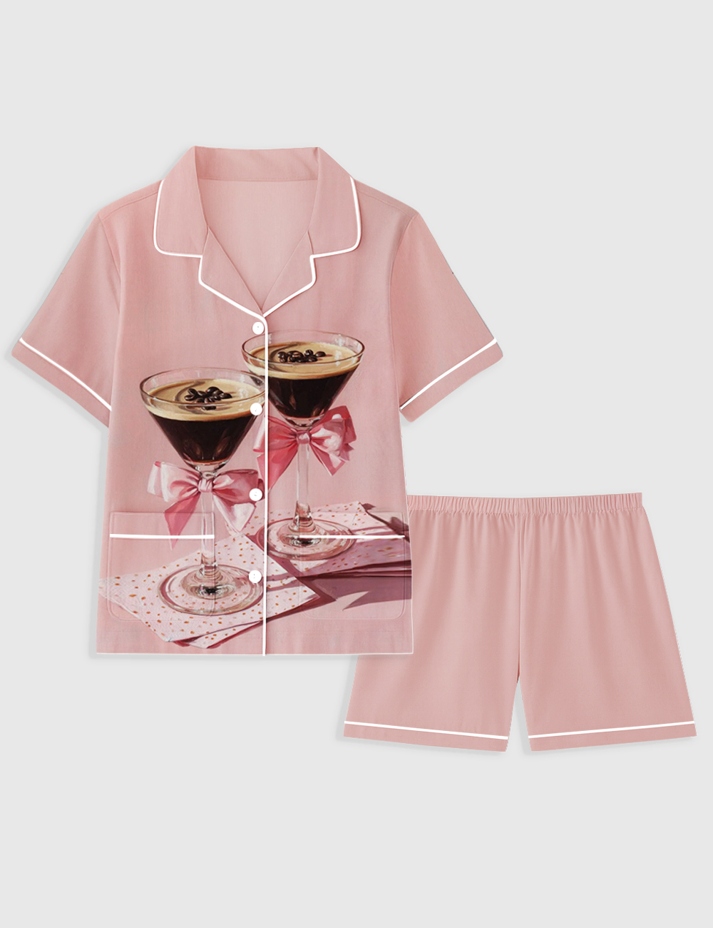 Women's Espresso Martini Cocktail Pink Bows And Coffee Beans Whimsical Paris Short Sleeve Pocket Cotton Pajama Set