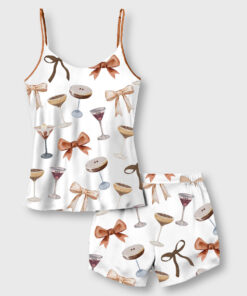Women's Espresso Martini Coquette Bow Camisole Satin Pajama Set
