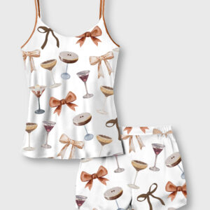 Women's Espresso Martini Coquette Bow Camisole Satin Pajama Set