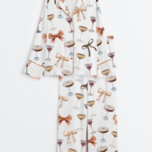 Women's Espresso Martini Coquette Bow Long Sleeve Satin Pajama Set