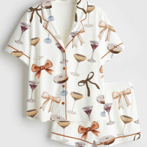 Women's Espresso Martini Coquette Bow Short Sleeve Satin Pajama Set