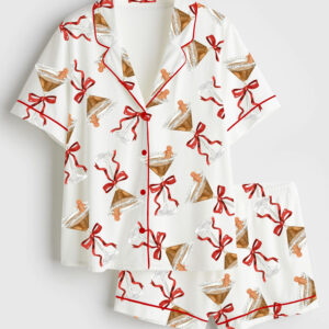 Womenâ€™s Espresso Martini Merry Christmas Holiday Festive Gingerbread Martini Short Sleeve Satin Pajama Set