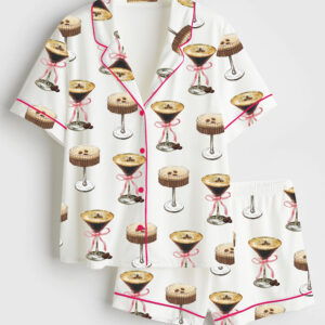 Women's Espresso Martini Pink Bow Short Sleeve Satin Pajama Set