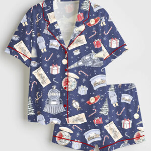 Women's Express Christmas Train Short Sleeve Satin Pajama Set