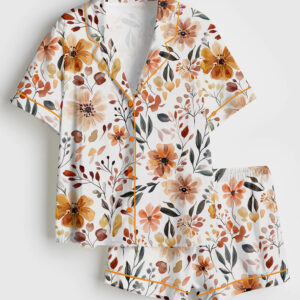 Womenâ€™s Fall Cottagecore Flower Field Short Sleeve Satin Pajama Set