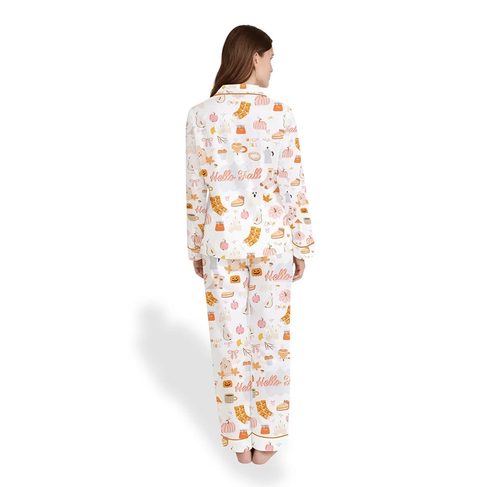 Women's Fall Cozy Halloween Satin Pajama Set – Pumpkin Spice & Ghost Print - Image 4