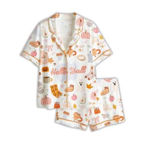 Women's Fall Cozy Halloween Satin Pajama Set â€“ Pumpkin Spice & Ghost Print