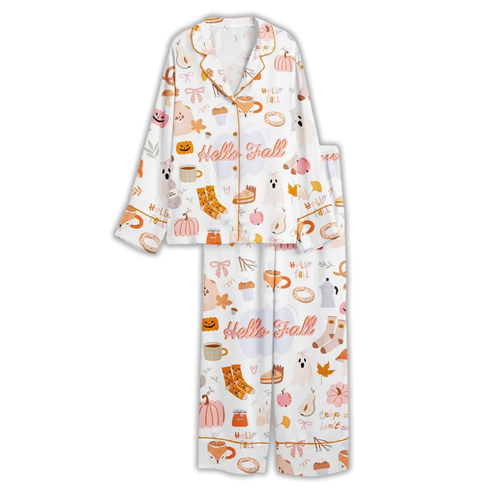 Women's Fall Cozy Halloween Satin Pajama Set – Pumpkin Spice & Ghost Print - Image 3