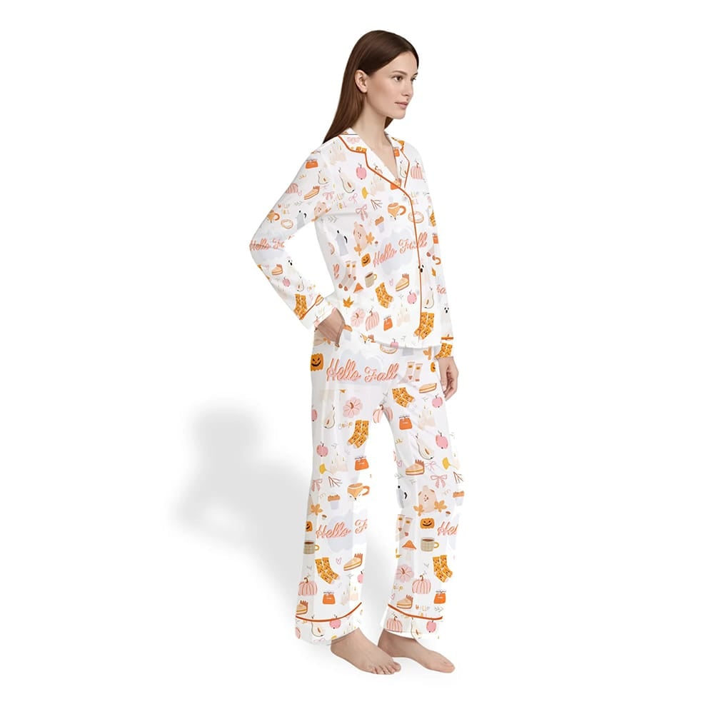 Women's Fall Cozy Halloween Satin Pajama Set – Pumpkin Spice & Ghost Print - Image 5