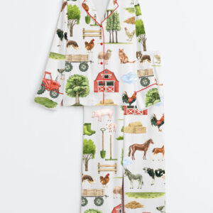 Women's Farm Animals Mill Horse Cow Pig Chickens Donkey Sheep Trees Tractor Barn Long Sleeve Satin Pajamas Set