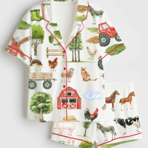 Womenâ€™s Farm Animals Mill Horse Cow Pig Chickens Donkey Sheep Trees Tractor Barn Short Sleeve Satin Pajama Set