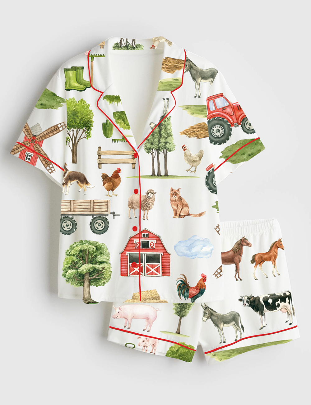 Womenâ€™s Farm Animals Mill Horse Cow Pig Chickens Donkey Sheep Trees Tractor Barn Short Sleeve Satin Pajama Set