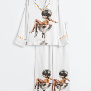 Women's Fashionable Girl In A Martini Cocktail Wine Glass Long Sleeve Satin Pajamas Set