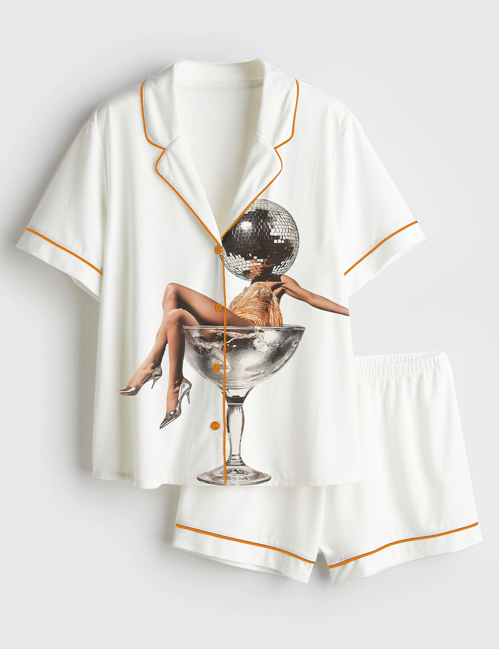 Womenâ€™s Fashionable Girl In A Martini Cocktail Wine Glass Short Sleeve Satin Pajama Set