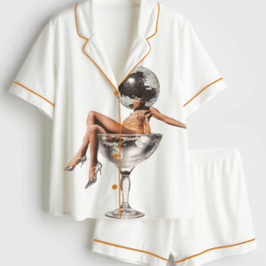 Women's Fashionable Girl In A Martini Cocktail Wine Glass Short Sleeve Satin Pajama Set